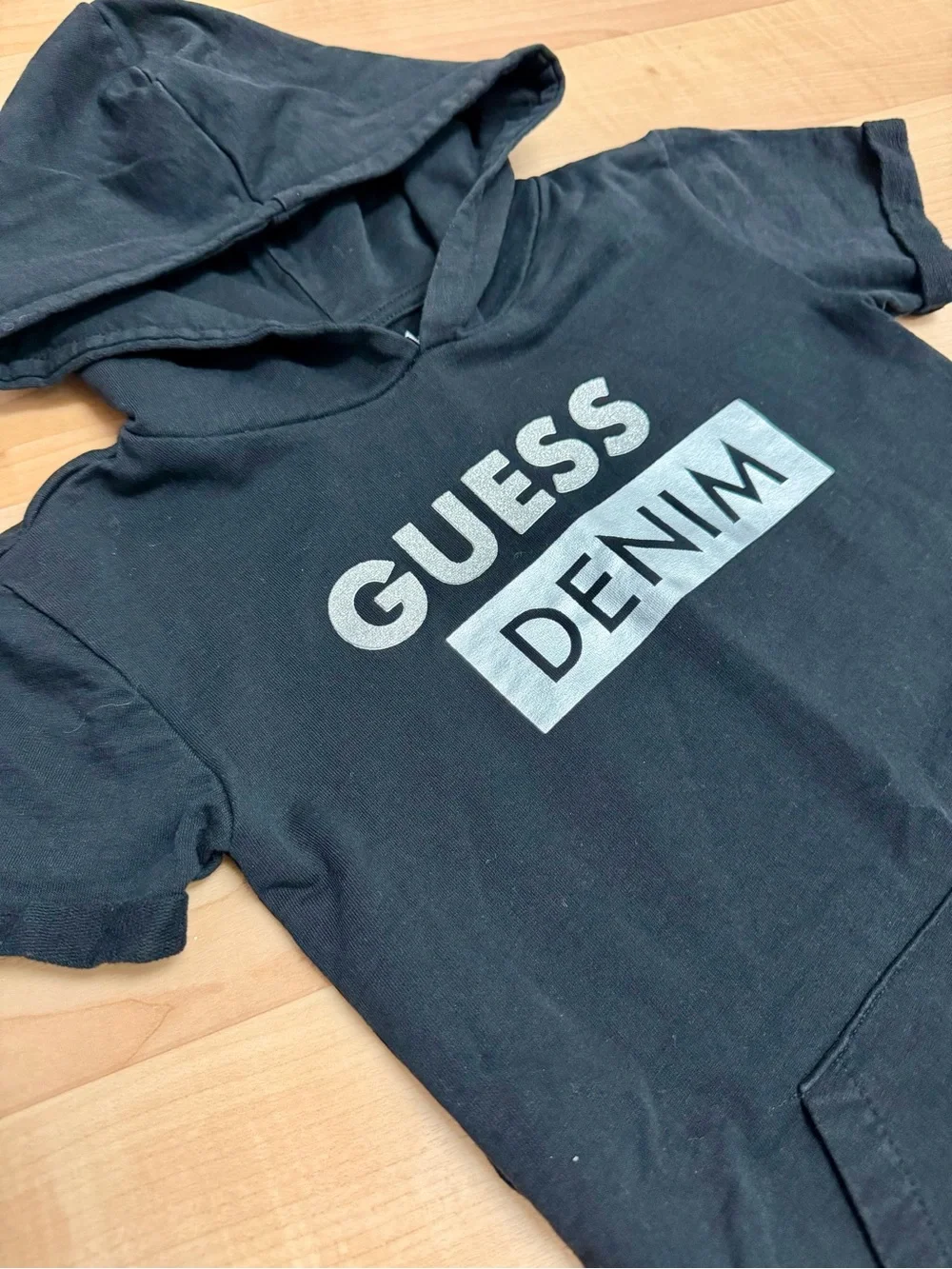 Guess Kids Denim Logo Hoodie Dress Girls Size 4 Black Short Sleeve